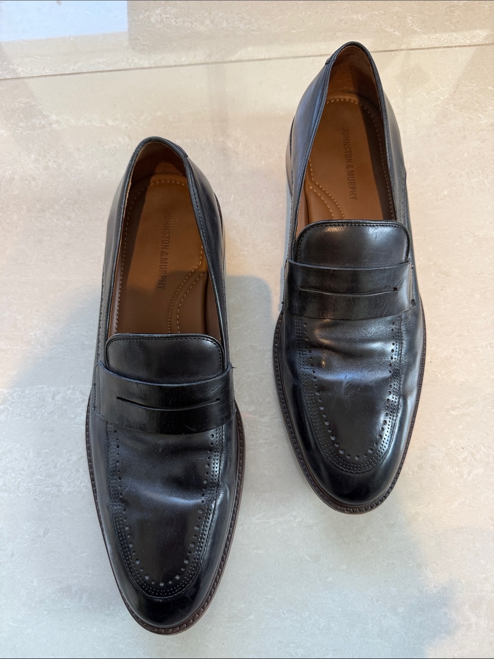 Johnston & Murphy Black Leather Penny Loafers with Brogued Toe